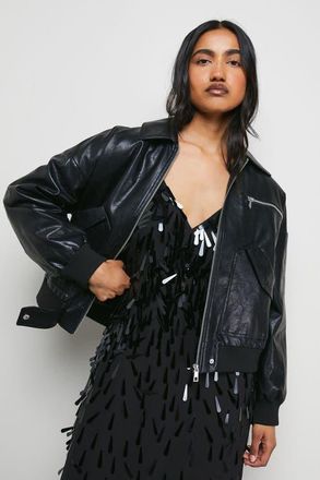 Warehouse Faux Leather Distressed Bomber Jacket in Black at Nordstrom, Size X-Small