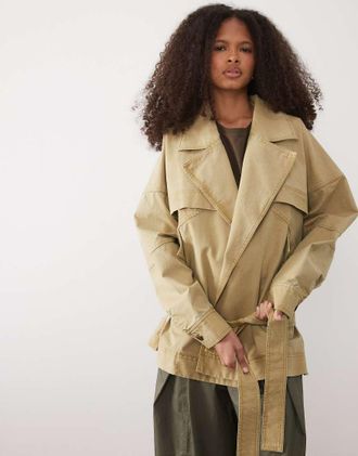 Mango Giacca corta 100% cotone beige con cintura-Marrone