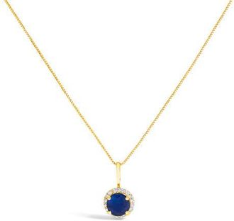 House of Brilliance 10K Gold Gemstone and 1/10 Cttw Diamond Accent Halo Pendant Necklace in Yellow | Blue Sapphire at Nordstrom