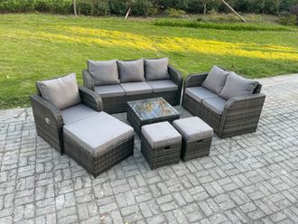 Fimous Rattan Garden Furniture 7 Piece Patio Set With Table Sofa Square Coffee Table Reclining Chair Love seat sofa Side in Dark Grey