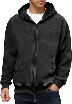 Generic Mens Oversize Acid Wash Hoodie Full Zip Up Long Sleeve Sweatshirt Retro Fleece Hooded Jackets with Pockets Fall Fashion Hoodies Winter Streetwear Blac