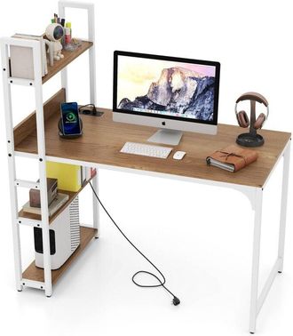Costway Scrivania con Libreria, 2 Prese di Corrente, 2 Porte USB Tipo-A e Tipo-C, Scrivania da Ufficio con 4 Ripiani, Scrivania per PC Salvaspazio