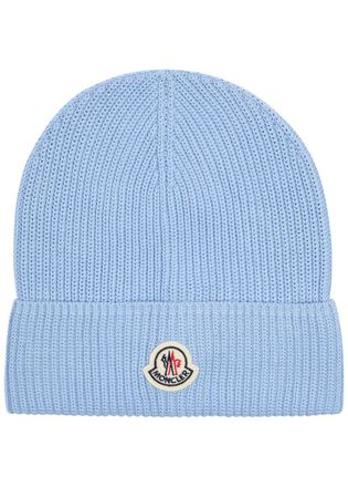 Moncler Logo Ribbed Cotton Beanie - Light Blue - One Size