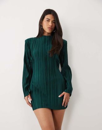 Asos mini vestito pliss&eacute; con maniche esagerate verde smeraldo
