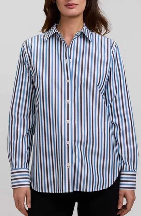 Foxcroft Meghan Stripe Cotton Button-Up Shirt in Indigo Blue/multi at Nordstrom, Size X-Small
