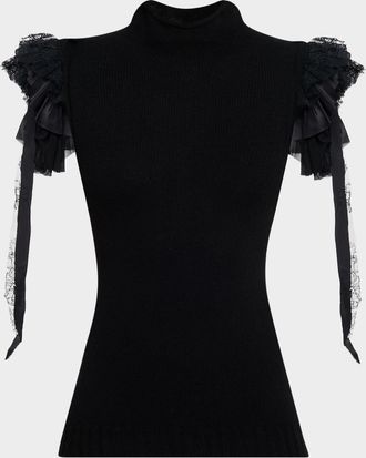 Alberta Ferretti Mock-Neck Ruffle-Shoulder Cashmere-Wool Rib Tank Top