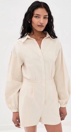 Line & Dot Long Sleeve Shorts Romper In Ecru