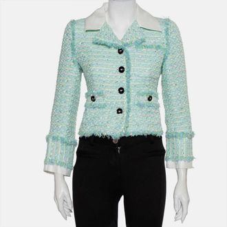Alessandra Rich Aqua Green Tweed Button Front Cropped Jacket