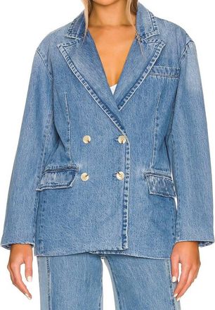 Something Navy Double Breasted Denim Blazer In Medium Blue