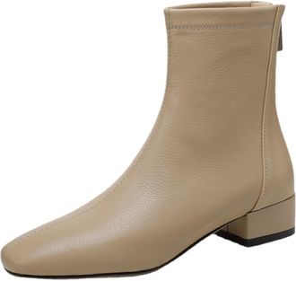 Generic Womens PU Leather Ankle Boots Square Toe Low Block Heels Slip On Zip Up Soft Lining Cushioned Insole Lightweight Durable Non-Slip Outsole,Khaki,3.5 UK