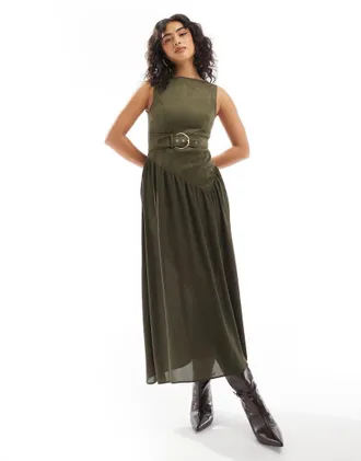 Asos suede buckle asymmetric waist midi dress in khaki-Green