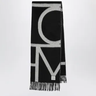 Toteme Sciarpa nera in lana spazzolata con monogramma