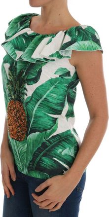 Dolce & Gabbana Womens Pineapple Banana Sequins Blouse T-Shirt Green Cotton