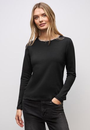Street One Langarmshirt STREET ONE, Damen, Gr. 44, schwarz, Jersey, Obermaterial: 95% Baumwolle, 5% Elasthan, unifarben mit Farbeinsatz, tailliert h&uuml;ftbedeckend,