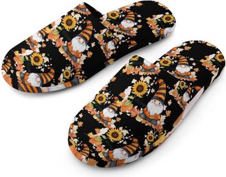 Generic Gnome Orange Welcome Flannel Mens Slip-on Slippers Winter Warm House Shoes with Rubber Sole for Home Hotel