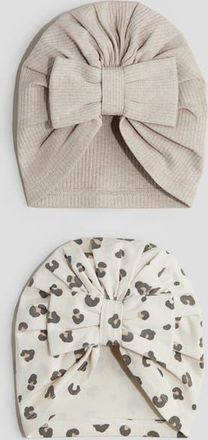 H&M 2-pack Knot-detail Hats in Light Beige/leopard Print at Nordstrom, Size 9-12 M