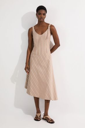 Karen Millen Womens Tailored Stripe Linen Strappy Asymmetric Hem Midi Dress - Natural - Size 14 UK