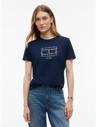 Tommy Hilfiger Womens Relaxed Fit Floral Flag Logo T-Shirt - Dark Blue - XL