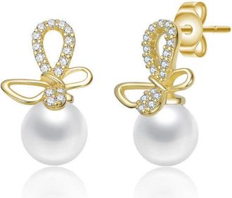 Rachel Glauber 14K Gold Plated with Clear Cubic Zirconia & Mother of Pearl Drop Earrings