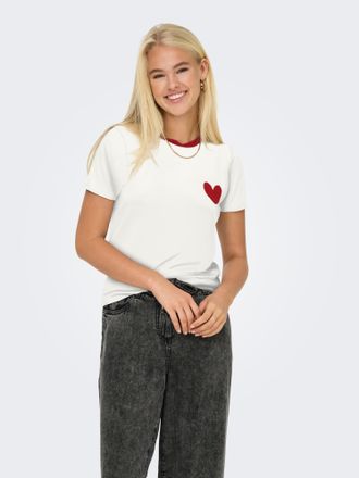 Only Kurzarmshirt ONLY ONLHEART LIFE S/S TEE JRS NOOS, Damen, Gr. XL, cloud dancer detail:rot heart, Jersey, Obermaterial: 95% Viskose, 5% Elasthan, regula