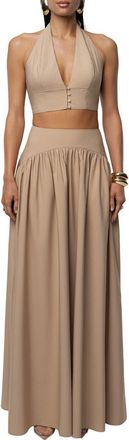 JLUXLABEL Haven Halter Crop Top & Maxi Skirt Set in Tan at Nordstrom, Size X-Large