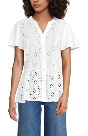 Lands End Short Sleeve Mixed Media Eyelet Top in White at Nordstrom, Size X-Large