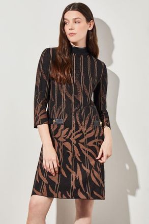 Ming Wang Animal Print Vegan Leather Trim Soft Knit Mini Dress in Black/chestnut/camel at Nordstrom, Size 3X