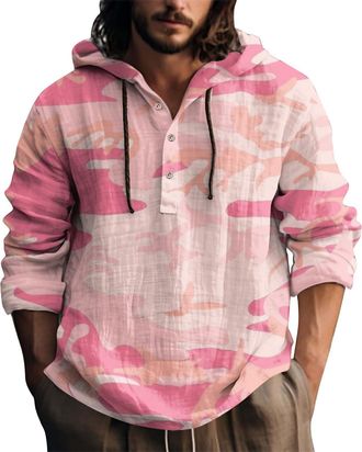 Generic Mens Hoodies Summer Lightweight Hoodie Mens Linen Long Sleeve Tops Loose Fitting Cosy Hoodies With Buttons Trendy Camouflage Drawstring Hooded Sweatsh