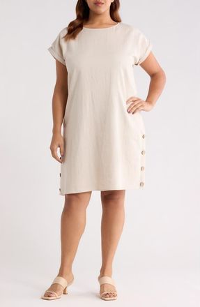 Jones New York Side Button Short Sleeve Linen Blend Dress in Natural Stone at Nordstrom, Size 2X