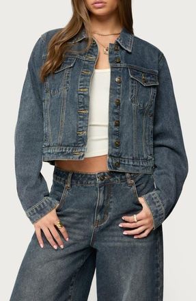 Edikted Barb Crop Nonstretch Denim Jacket in Dark-Blue at Nordstrom, Size X-Large