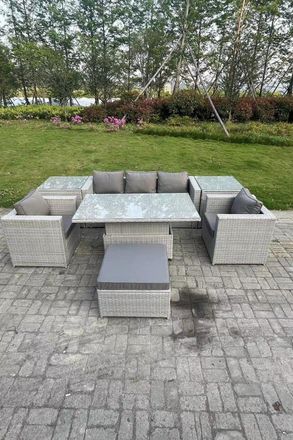 Fimous Rattan Garden Funiture Set Adjustable Rising Lifting Table Sofa Dining Set 2 Arm Chair in Light Grey
