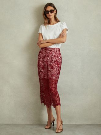 Reiss Burgundy Sheer Lace Midi Pencil Skirt, 10