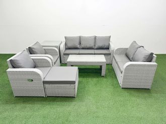 Fimous PE Rattan Garden Furniture Set Adjustable Chair Sofa Double Love Seat 2 Seater Sofa Lounge Set Rectangular Coffee Table Big Footstool Side