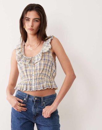 Abercrombie & Fitch Top milkmaid blu a quadri con volant
