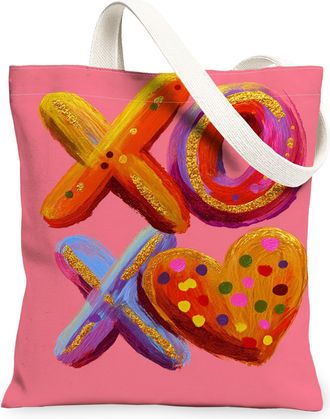 Generic Playful Hearts Canvas Tote Bags, Colorful Pattern Reusable Grocery Bags, Lightweight Washable Shoulder Strap Canvas for Sho, Peach, 13x15 Inch