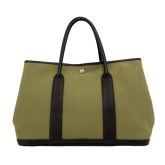 Herm&egrave;s Brown Khaki Toile Officier Buffalo Leather Handbag Tote Bag (Pre-Owned)