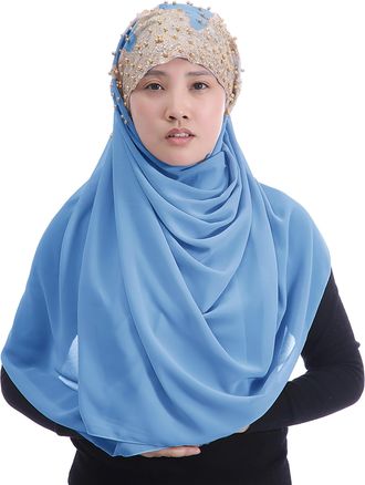 Lina & Lily Premium Chiffon Hijab Head Scarf Wrap with Gold Sequins Glitters Beads for Muslim Women (Azure Blue)