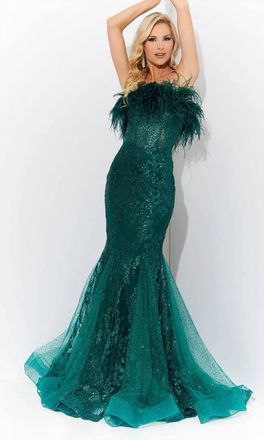 Jasz Couture Feather Strapless Prom Dress In Emerald