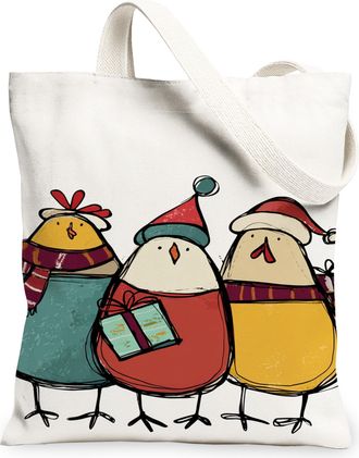 Generic Holiday Birds Canvas Tote Bags, Festive Animal Illustration Reusable Grocery Bags, Winter Retro Lightweight Washable Should, White, 13x15 Inch