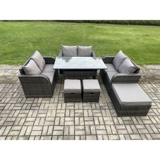 Fimous 9 Seater Outdoor Rattan Garden Furniture Set with Patio Rectangular Dining Table Love Sofa 3 Footstools Dark Grey Mixed - Fimous