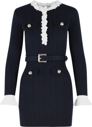 Self Portrait Flower Mini Dress In Navy Wool Blend