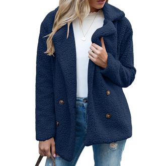 Generic Fleece Jacket Women Fuzzy Teddy Coat Ladies Winter Coats and Jackets Buttons Lapel Cardigan Autumn Casual Warm Outwear with Pockets (Navy, XL)