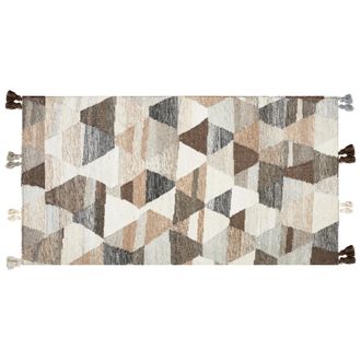Beliani Alfombra Kilim De Lana Beige Marr&oacute;n Negro 80 X 150 Cm A Mano Patchwork Borlas Argavand