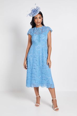 Wallis Womens Petite Lace Fit And Flare Midi Dress - Blue - Size 12 UK