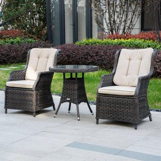 Direct Wicker Outdoor Rattan Bistro Set, Round Table with Glass Top, 2 Armchairs in Brown | Size: 2 Person
