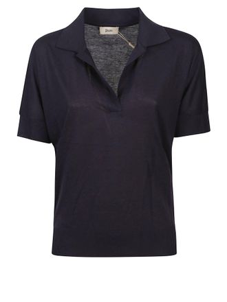 Herno Relaxed Fit Dark Blue Polo-Style Top With Ribbed Cuffs