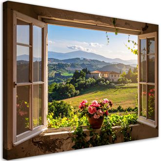 Feeby Cuadro En Lienzo, Vista Desde La Ventana Monta&ntilde;as De La Toscana Italia, 100x70