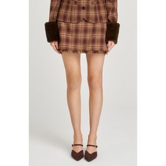 Wayf x Sara Walker Emily Plaid Fray Miniskirt in Brown Plaid at Nordstrom Rack, Size X-Large