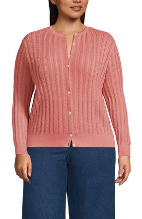 Lands End Cotton Pointelle Modern Cardigan Sweater in Sunset Coral Pink at Nordstrom, Size 3X