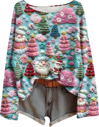 Generic christmas jumper Womens Christmas Jumpers Xmas Tree Print Ladies Tops Funny Christmas jumpers for Women UK Boho Sweatshirt xmas Pullover